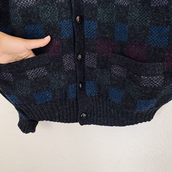 Vintage 90s Grandpa Cardigan Sweater Men L Chunky Black Plaid 100% Wool Dad 80s - Picture 4 of 8